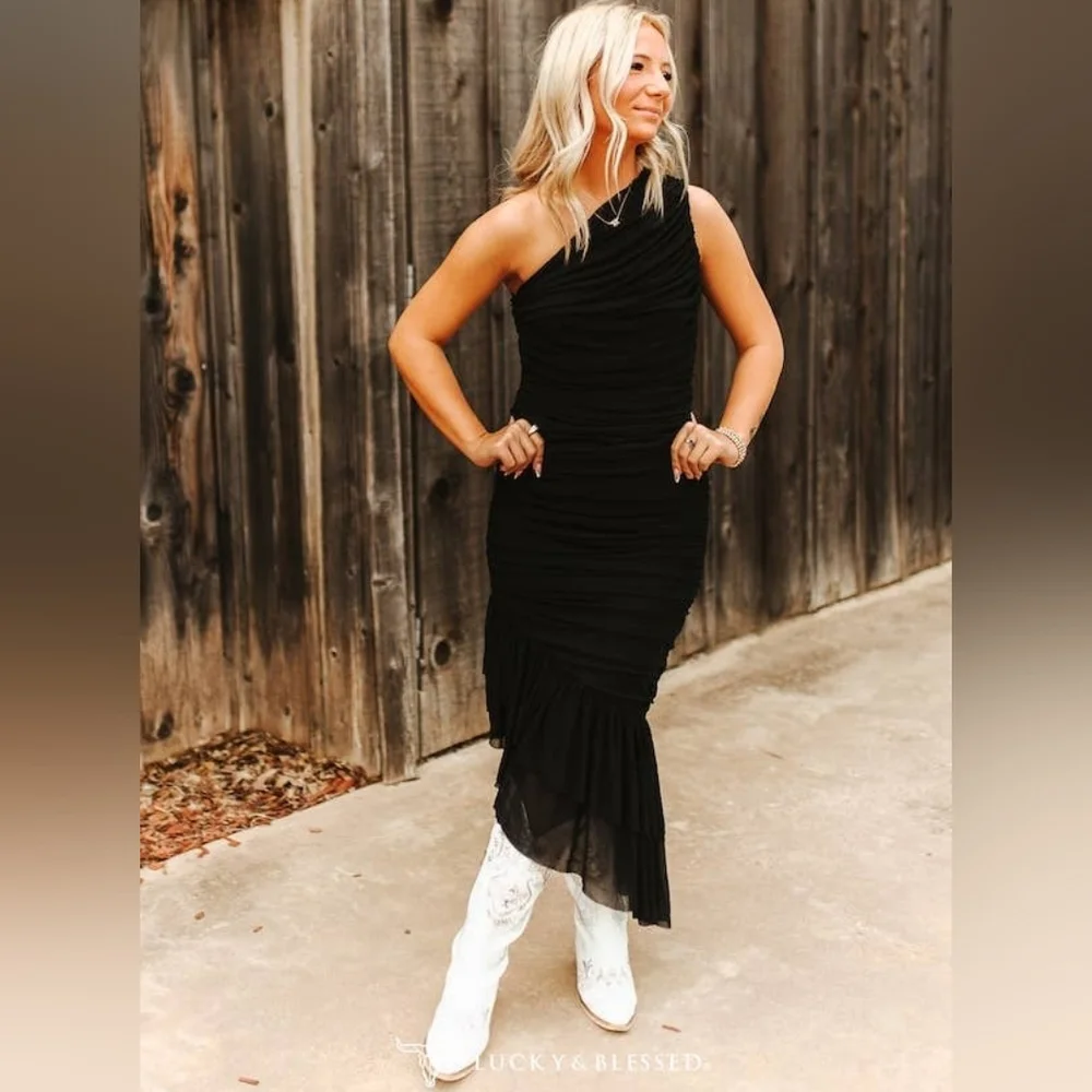 NWT Lucky & Blessed Black Formal One-Shoulder Dress